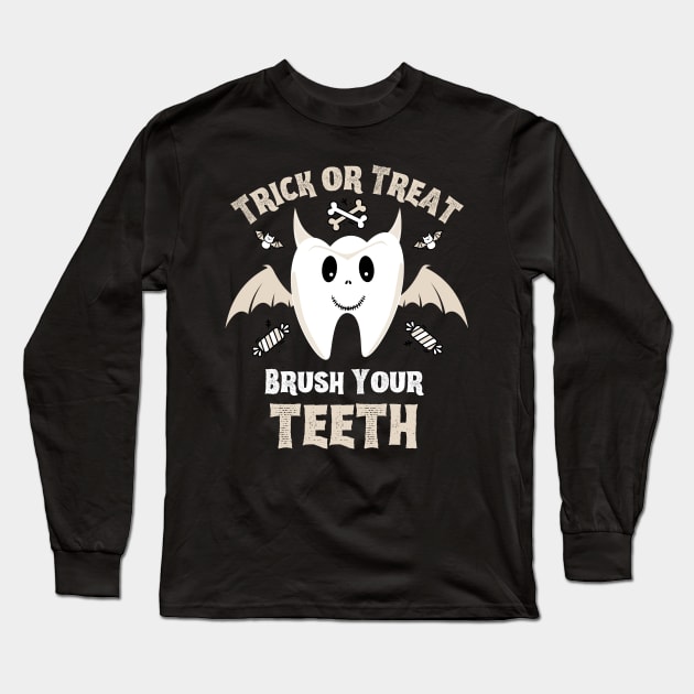 Trick or Treat Brush Your Teeth - Cute Tooth with Bat Wings and Devil Horns Long Sleeve T-Shirt by Enriched by Art